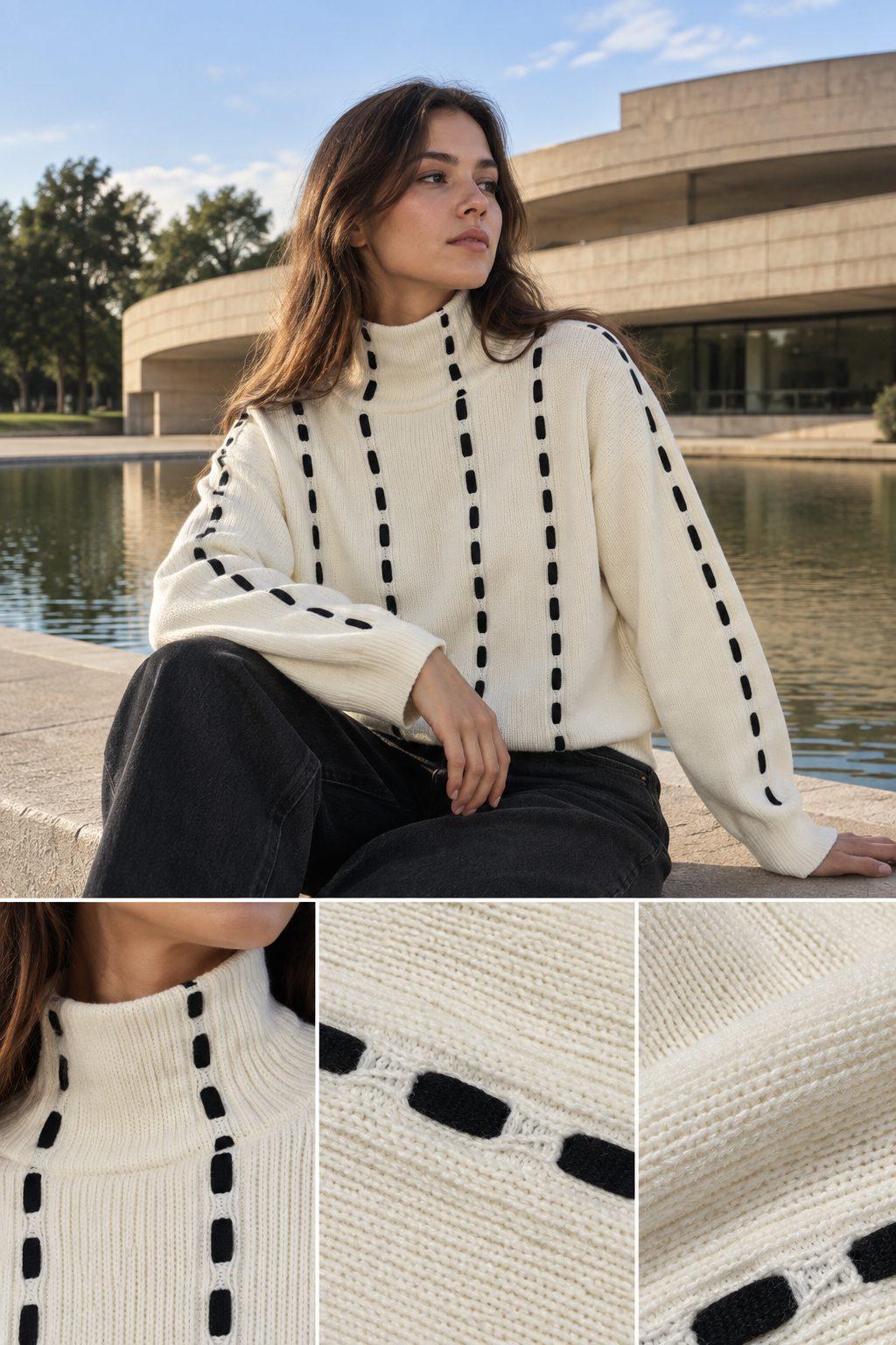 Suéter Mosaico Blanco ALCOR, look completo y detalles del tejido
